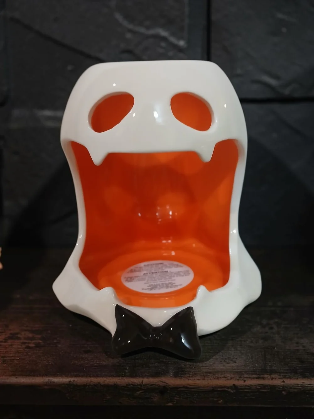 White and Orange Ceramic Ghost Candy Bowl with Black Bow